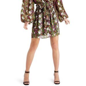 Leyden Womens Embroidered Ditsy Floral Smocked Mini Skirt Large Black/Citron